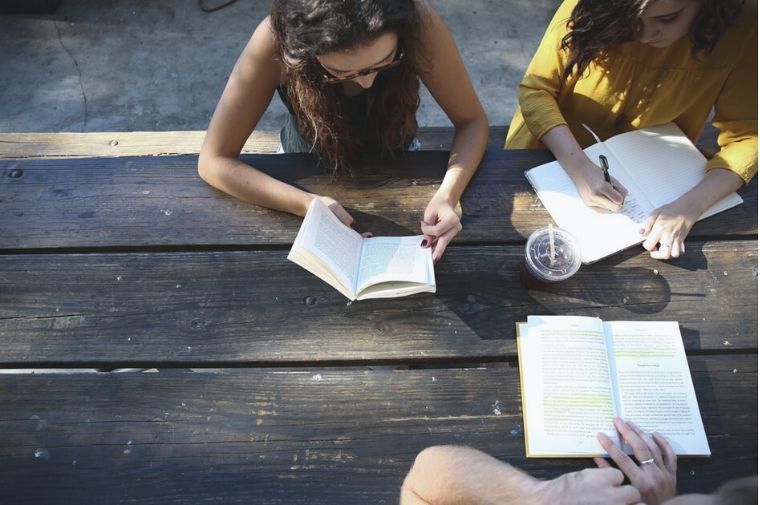 women reading book while sitting on the chair